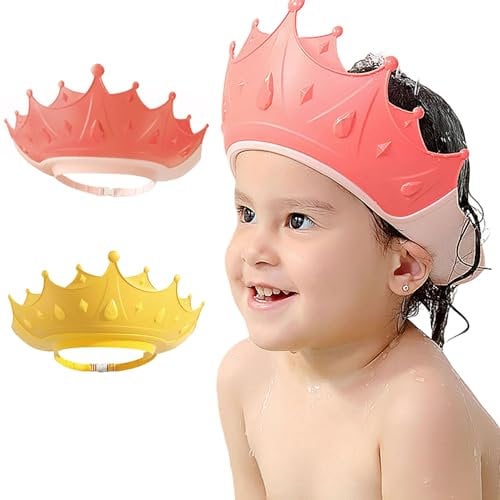 MOSIERRY 2 Stück Duschhaube Kinder, Haarwaschhilfe Kinder Duschhaube Baby Haare Waschen Kinderschutz,Krone Rosa Gelb