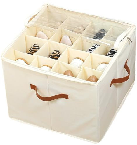 Schuhorganizer Platzsparend Schuhboxen Stapelbar Schuh Aufbewahrungssysteme aus Stoff mit Transparent Deckel & Verstellbare Trennwände, bis zu16 Paar, für Unterbett, Kleiderschrank Schuh Aufbewahrung