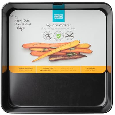 Square Roasting Tray with Rolled Edges - Non-Stick Heavy Gauge 0.8mm Carbon Steel, LFGB Certified & 20 Year Guarantee. Perfect for Baking & Roasting. Easy to Clean, Durable & Safe. Black Colour