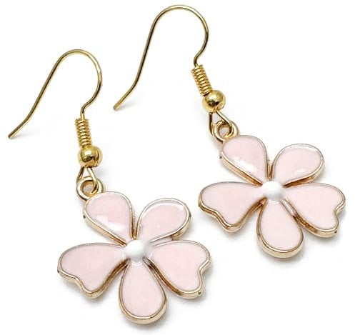 Pink Flower Earrings, Pale Pink Enamel Charm Beads on Nickel Free Hooks : 39mm long, Baby Pink Floral Jewellery for Women, Light Pink Daisy Flower Drop Earrings