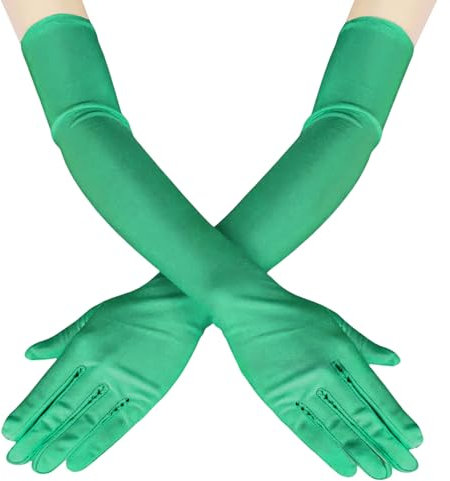 Meleager Grüne Handschuhe Lang, 1 Paar Lange Handschuhe Damen, Satin Long Gloves, Classic Abendhandschuhe 20er Jahre Elegant Damen für Halloween Karneval Fasching Fest Party Kostüm