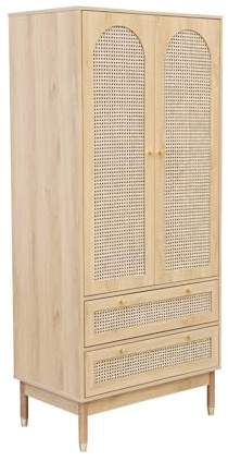 sweeek - Kleiderschrank, 2 Türen 2 Schubladen, Rohrgeflecht, Griffe und Füße in goldfarbener Ausführung, 80 x 50 x 180 cm - Judith