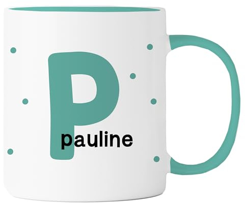 Tasse personalisiert mit Buchstabe und Name | Mint | Keramik, Kaffeebecher, 330 ml, beidseitig bedruckt, spülmaschinenfest, mikrowellengeeignet, 13 Farben