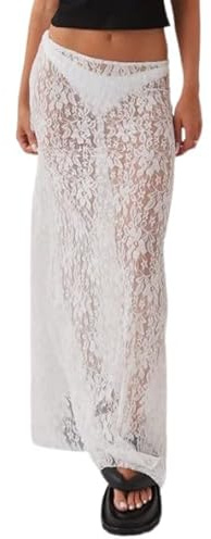 ensswliz Women Lace Long Skirt High Waist See Through Midi Skirts Summer Elegant Beach Party Slim Fit Maxi Skirts (A-White, M)