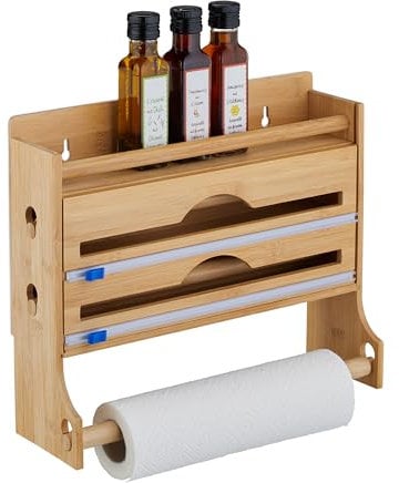 Relaxdays Wandrollenhalter 3-fach, Küchenrolle, Alufolie, Frischhaltefolie, Bambus, HxBxT: 30,5 x 36,5 x 12 cm, natur