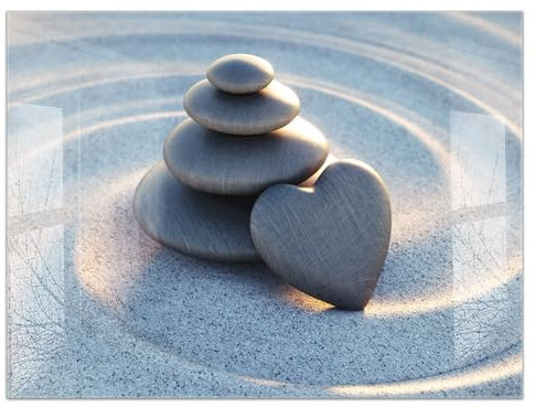 timalo Küchenbild aus Acrylglas modernes Wandbild Glasbild Deko Küche XXL Bild wie Glas | 80x60cm Steine im Sand Strand Herz, Zen, Natur