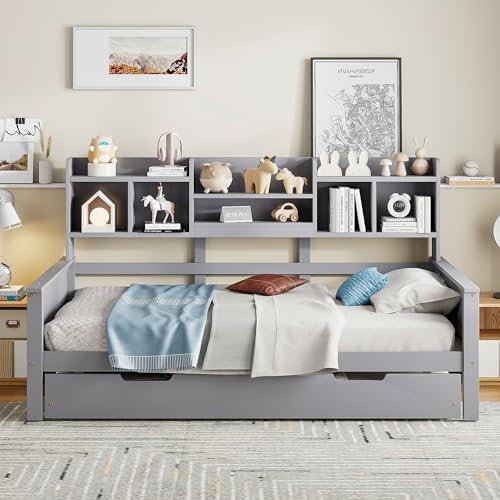 Daybett Einzelbett 90x200 cm, Massivholz Tagesbett mit Ausziehbett & Staufach & Bücherregal, Kinderbett Holzbett Jugendbett Stauraumbett Funktionsbett, Bettgestell mit Lattenrost, Ohne Matratze, Grau
