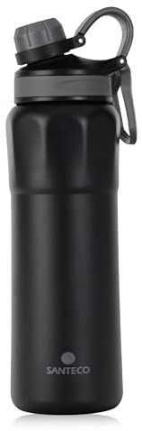SANTECO Trinkflasche Edelstahl mit Verlustsichere Deckels, Thermosflasche 830ml BPA-Frei mit Tragering, Wasserflasche Auslaufsicher Isolierflasche Spülmaschinenfest für Fahrrad Wandern Schwarz