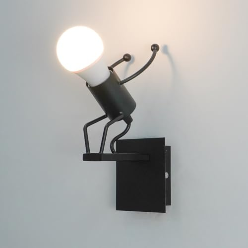 YOOCHUENG Schwarz Männchen Wandleuchte Innen für Schlafzimmer,Kinderzimmer | E27 (Ohne Glühbirne),Bohrbefestigung,Kreatives Design,Industrielles Retro Wandlampe für Wohnzimmer Nachttisch Korridor Bar