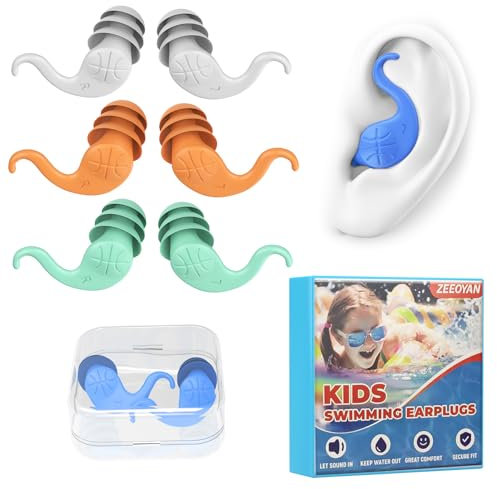 ZEEOYAN Bouchon d'oreille de natation piscine enfant (4-12 Ans), 4 Paires bouchon oreil piscine Silicone Réutilisables et Imperméables Pour la douche, la natation, le surf