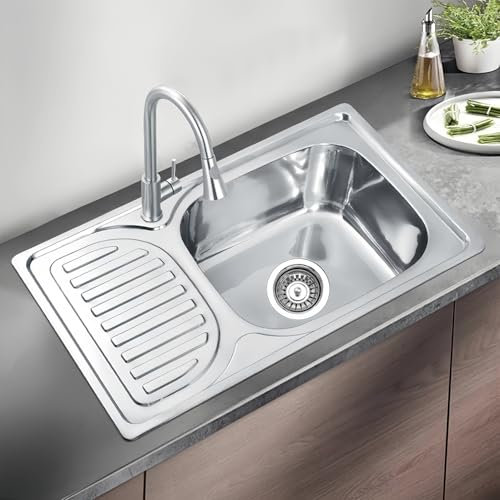 Melanstar Fregadero de cocina de acero inoxidable, 76 x 43 cm, con 1 fregadero y escurridor, empotrable, con set de desagüe