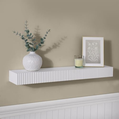 OHS Mounted Wall Shelf, Ribbed Floating Shelves for Wall Decorative Display Shelf for Living Room Bedroom Office Storage Unit Easy to Install, Cream - 61 x 13 x 6cm