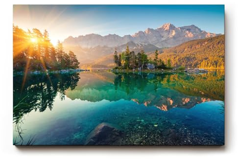 Sinus Art Wandbild 120x80cm Stimmungsvolles Bergmotiv mit Spiegelung im See und Sonnenaufgang für naturnahe Atmosphäre