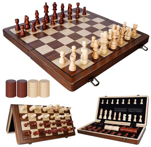 Holz Schachbrett – Magnetisches 2-in-1-Schachspiel mit faltbarem Tablett | Schachbrett aus Holz für eine einfache Aufbewahrung, ideal für Partys und Familienveranstaltungen (39 x 39 cm)