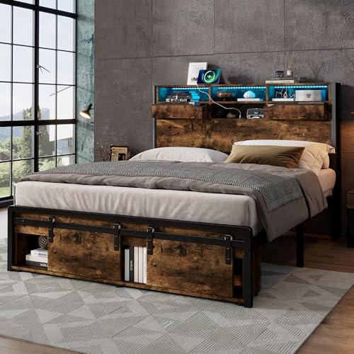 Doppelbett aus Eisen, Metall, mit mehrfarbigen LED-Lichtstreifen und Ladeanschluss, 2 A-Type und 1 C-Typ, mit Stauraum, 135 x 190 cm, Schwarz + Holzfarbe