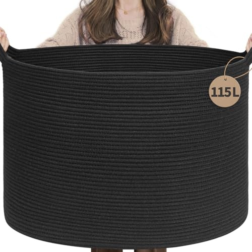TIMEYARD Extra großer Deckenkorb, 115 L, Schwarz | Für Decken, Schuhe, Spielzeug und Wäsche Mit Griffen Formstabil Ideal fürs Wohnzimmer