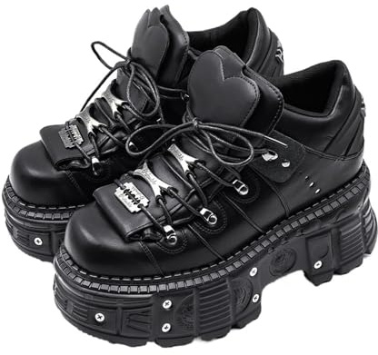 Scarpe da donna in stile punk con tacco con lacci altezza 6 cm scarpe con plateau da donna gotico alla caviglia stivali da roccia decorazioni in metallo scarpe da, Nero , 42 1/3 EU