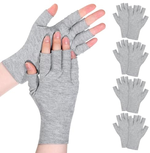 Bomullsvantar, 5 par fuktgivande torra handhandskar, 5 öppna fingrar, mjuka eksemhandskar för kvinnor, hudbehandling, handspa, natthydrering (grå)