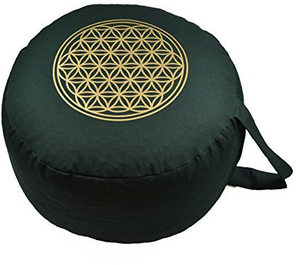 Yogakissen Meditationskissen BIO Dinkelspelz Premium Bezug OEKO TEX zertifiziert waschbar - Blume des Lebens Druck GOLD Ø 28 cm Höhe 16 cm als Sitzkissen, Sitzsack, Bodenkissen, Sitzhocker, Pouf, Yoga