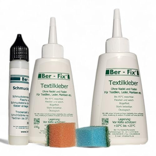 Ber-Fix Kleber-Set für Profis: 2x 150 g Textilkleber für Bekleidung & Stoffe Kochfest & Flexibel, Plus 30 g Schmucksteinkleber für Reparatur & Dekoration auf Stoff, Textilien, Papier bis Stein