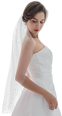 Venus Jewelry Strass Hochzeitsschleier für Damen Länge der Fingerspitze 36 Zoll Weiß