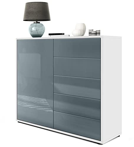 Vladon Sideboard Ben V2, Made in Germany, Kommode mit 1 Tür und 5 Schubladen, Weiß matt/Grau Hochglanz (79 x 74 x 36 cm)