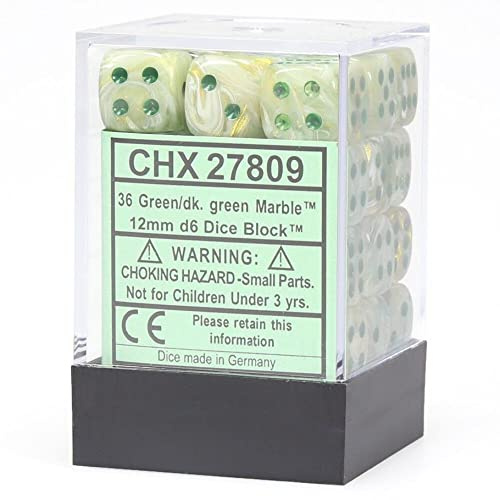 Chessex Signature 12mm d6 with pips Dice Blocks (36 Dice) - Marble Green w/Dark Green
