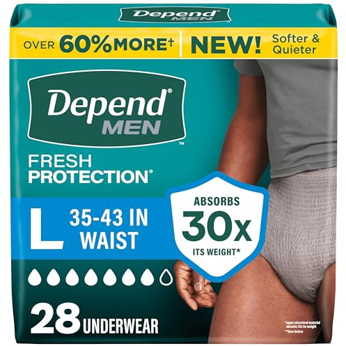 Depend Fresh Protection Adult Diapers, Incontinence Underwear for Men, Disposable, Maximum, Large, Grey, 28 Count, Packaging May Vary