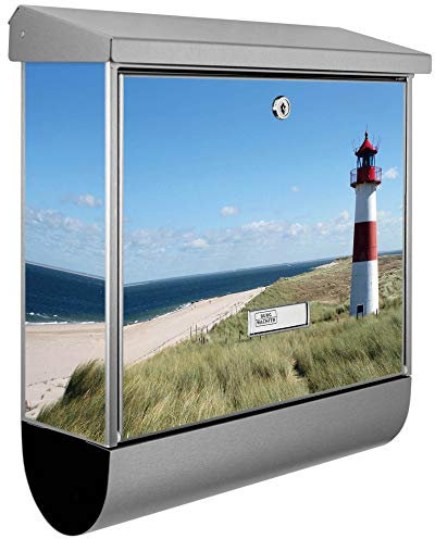 banjado® Burgwächter Briefkasten Edelstahl 38x39x12cm mit Motiv Leuchtturm/Briefkasten Edelstahl ohne Zeitungsfach/Briefkasten grau/Postkasten inkl. Montagematerial & 2 Schlüsseln
