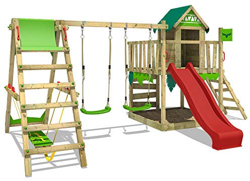 FATMOOSE Spielturm Klettergerüst JazzyJungle Jam XXL mit SurfSwing, Schaukel & roter Rutsche, Outdoor Kinder Kletterturm mit Sandkasten Leiter & Spiel-Zubehör für den Garten