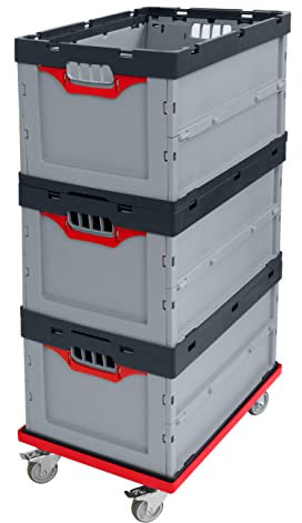 Auer Faltbox 3er Set + roter Rollwagen FB 64/32 | Angebotspaket: 3 Kunststoffboxen 60x40x32cm, 67L + Transportroller mit Lenkrollen | Faltboxen klappbar und stapelbar für Lager und Transport