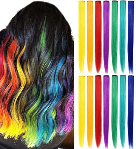 LSKJMO 14PCS 20'' Rainbow Hair Extensions for Girls Clip in Coloured Hair Extensions Colorful Hairpieces Party Highlights Straight Synthetic Multiple Colors Wig Pieces for Women