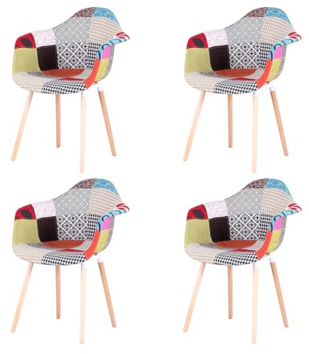 EGOONM 4er Set Patchwork Stuhl mit Armlehne,Leinenstoff Freizeit Wohnzimmer Esszimmerstuhl Empfangsstühle, Küchenstuhl (Rot)