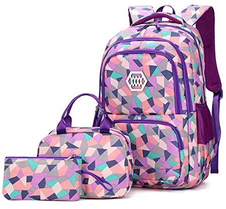 IvyH Zaino Scuola per Ragazze, Zaino con Custodia Pranzo Isolata Astuccio Portamatite 3 in 1 Set Leggero Zaini Scuola per Studenti Ragazzi delle Scuole Elementari, Medie(Viola)