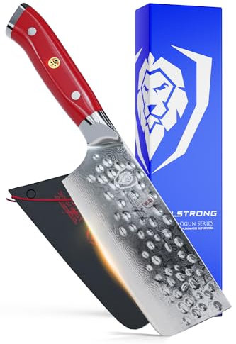 DALSTRONG Nakiri Vegetable Knife - 6 - Shogun Series X - Japanese AUS-10V Super Steel - Damascus - Hammered Finish - Crimson Red ABS Handle - Sheath Included