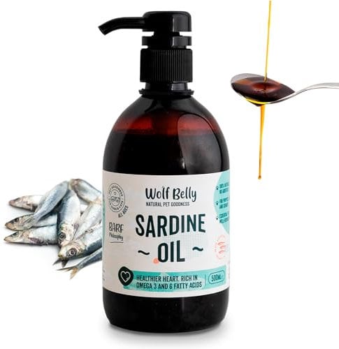 Wolf Belly - Huile de Sardine pour Chien et Chat 100% Naturel (500 ML) Omega 3,6,9 et Vitamine E | Peau Saine et Pelage Brillant | Articulations Fortes | Système Immunitaire Sain - Fabriqué en UE