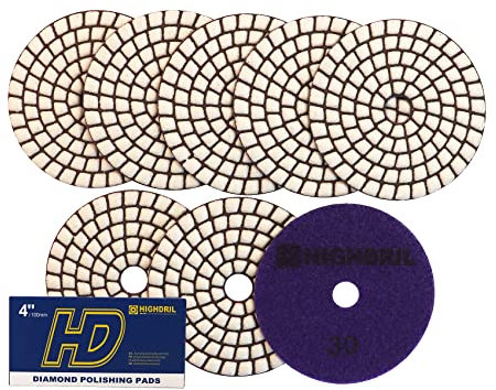 HIGHDRIL Almohadillas Pulido Diamante Seco - 8piezas #30 Almohadillas Lijado 100MM para Granito Piedra Mármol Suelo Grinder Pulir Almohadilla Kit para Taladro, Amoladora, Pulidora