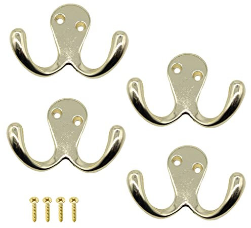 EAI Double Robe Hook for Coats Bath Towels 55x76mm Pack of 4 (Brass)