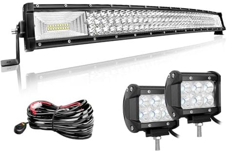 Willpower 32 Zoll 81CM 405W Led Arbeitsscheinwerfer Bar Gebogen + 2pcs 4 Zoll 18W Led Scheinwerfer + Kabelbaum 12V 24V LED Bar für Offroad Auto Traktor Zusatzscheinwerfer Rückfahrscheinwerfer Lightbar