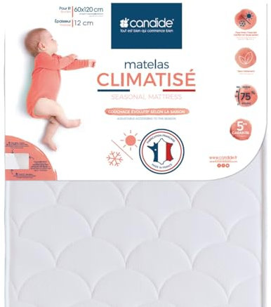CANDIDE - Matelas Bébé 60x120x11cm Climatisé - Matelas Bébé Évolutif - Sans Traitement - Face Hiver Ouatinée - Face Été Tissu Léger - Garantie 5 Ans - Fabriqué En France
