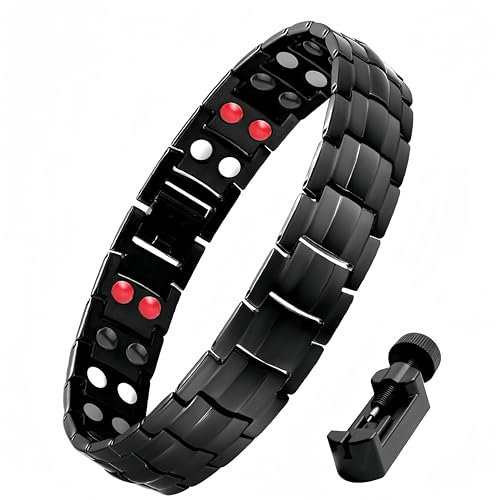 Men's Magnetic Bracelet, Double Row 4 Element Black Magnetic Bracelet, High-Quality Titanium Steel & 100% Hypoallergenic Bracelet, with Free Strap Removal Tool and Gift Box