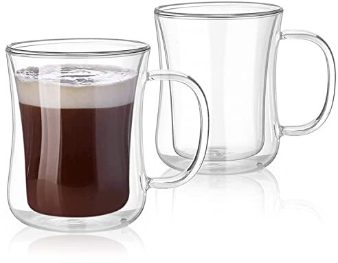 camako Double Walled Coffee Glasses Mugs Cappuccino Latte Macchiato Glasses Cups with Handle Borosilicate Heat Resistant Glass Cups for Coffee Tea Milk Juice Ice Cream (2 * 220ml)