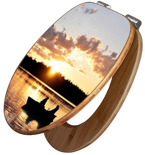 banjado Design WC Sitz Bambus Absenkautomatik 45,8x37,5cm / Toilettendeckel mit Absenkautomatik Holz/hochwertiger Bambus Klodeckel/WC-Sitz für gängigen Toiletten/Motiv Angler