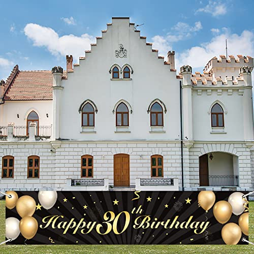 30 Geburtstag Deko Banner,Schwarz Gold 30 Geburtstag Party Deko für Männer und Frauen,Lange Größe 30 Geburtstagsfeier Dekorationen Banner 300 × 50 cm (118.11 × 19.68 Zoll)