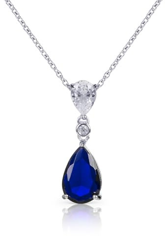 Diamond Treats Damen-Halskette mit Tropfen-Anhänger aus 925er Sterling Silber mit einem blauen Stein, Saphirblaue Kette für Damen, Halskette für Damen, Silberschmuck für Frauen