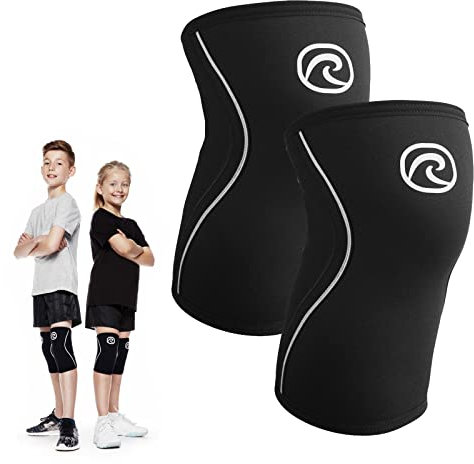 Rehband Vendaje de rodilla para niños de neopreno de 5 mm, soporte estabilizador de rodilla para niños y niñas, se estabiliza durante los deportes, Color:Negro - 1 Par, Talla:L