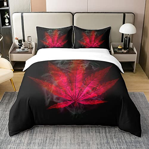 100% Bio Baumwolle Marihuana Weed Bettbezug für Jugendliche,Rote Cannabisblätter Bettwäsche Set 220x240,Boho Exotische Hippie Blätter Bohemian Rot Smoky Trippy Tröster Abdeckung mit 2 Kissenbezüge