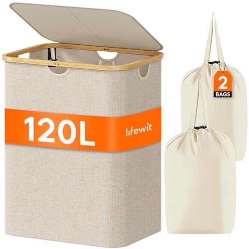 Lifewit 120L Laundry Basket with Lid, Clothes Hampers for Laundry with Bamboo Handles and A Removable Laundry Bag, Large Foldable Laundry Hamper for Bedroom, Bathroom, Dorm, Laundry Room, Beige