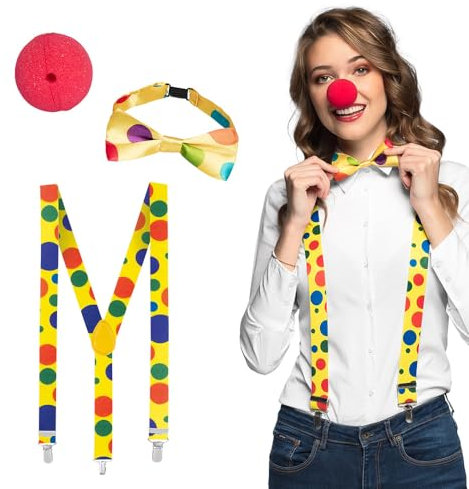 Boland 55520 - Clown Set für Kostüme, Zubehör für Karneval, Kostüm-Set, rote Nase, Hosenträger und Fliege, Mottoparty, JGA
