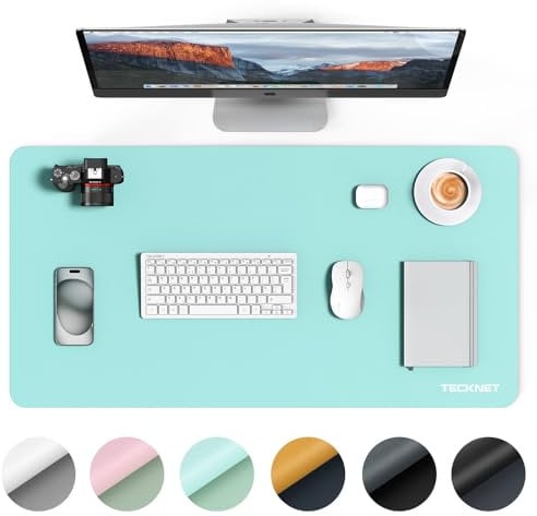 TECKNET Schreibtischunterlage, 80 x 40cm Große Tischschutzpolster, wasserdichte Laptop Desk Mat,PU Leder Tischunterlage, Abwischbar Doppelseitige Schreibunterlage für Büro/Zuhause(Hellblau/Hellgrün)